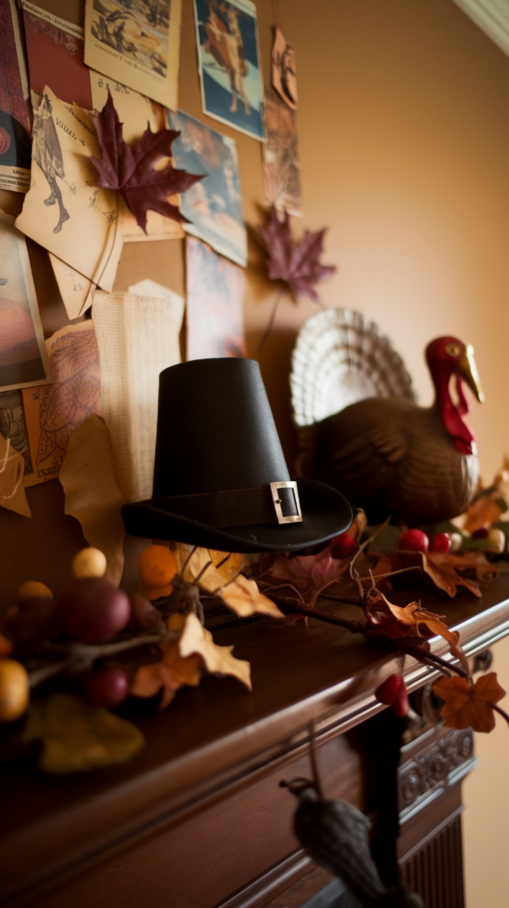 A vintage Thanksgiving mantel decor featuring a black pilgrim hat, colorful autumn leaves, and a turkey figurine.