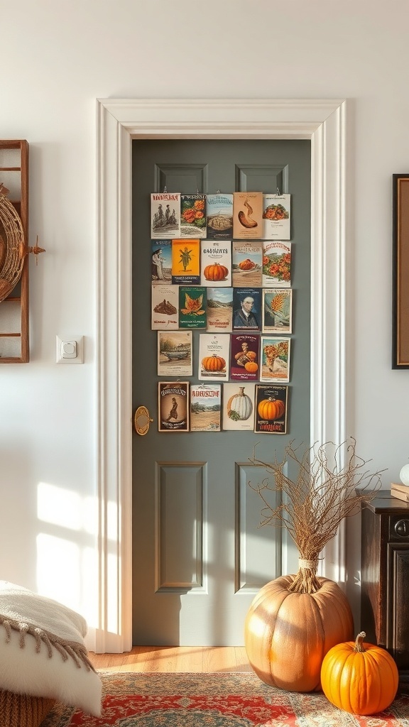 A door decorated with vintage Thanksgiving postcards, surrounded by pumpkins and natural decor.