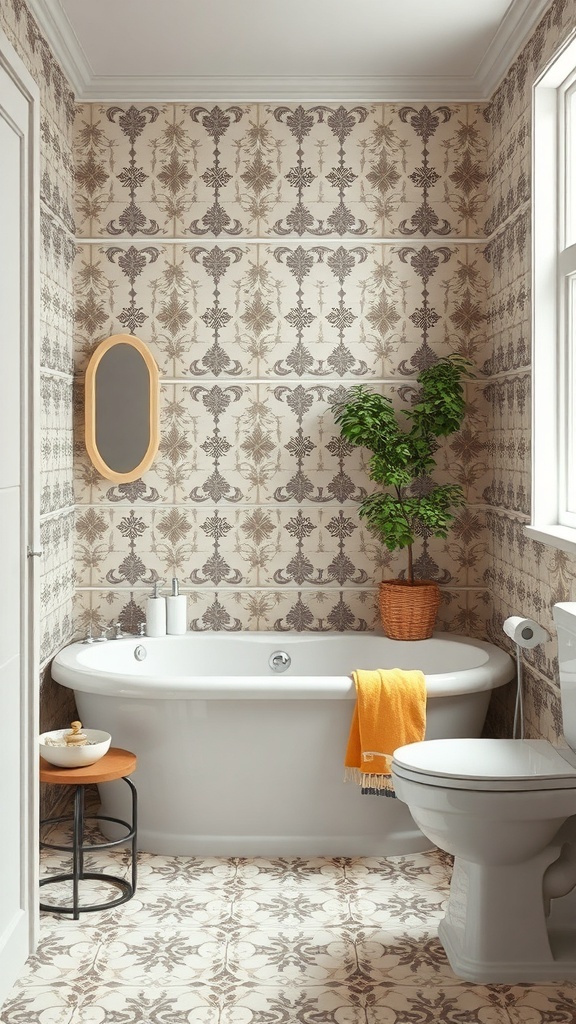 A vintage-style bathroom featuring patterned tiles on the walls and floor, a freestanding tub, a small table, and a potted plant.