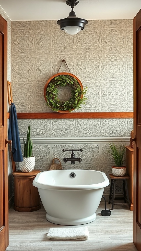 A bathroom featuring vintage tin panels on the walls, a white bathtub, and plants, creating a cozy atmosphere.