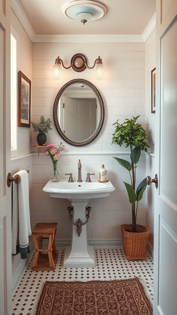 A vintage-inspired tiny bathroom featuring a pedestal sink, round mirror, and warm lighting.