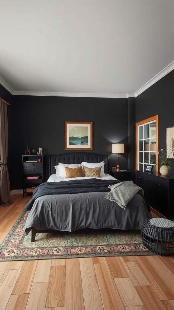 A stylish black bedroom featuring dark walls, a gray bedspread, vintage decor, and wooden flooring.