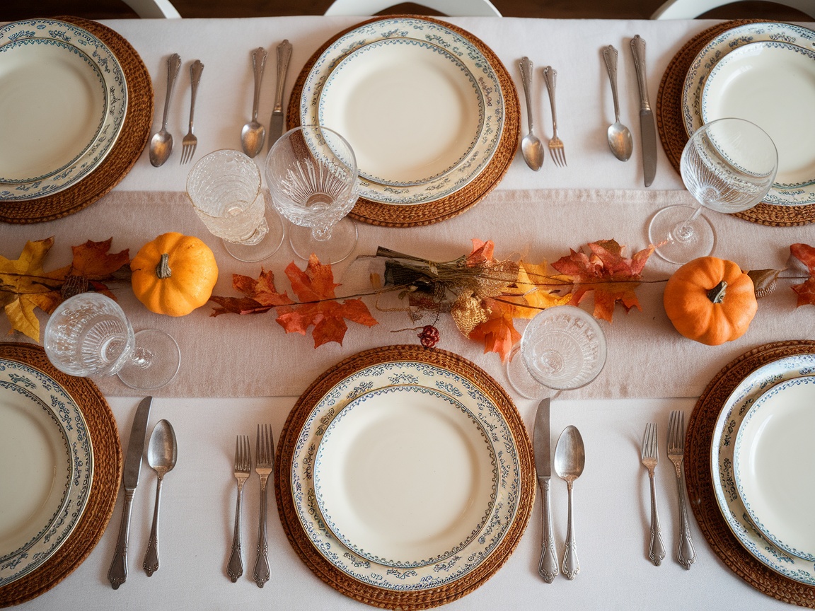 A beautifully arranged Thanksgiving table featuring vintage dishware, small pumpkins, and autumn decorations.