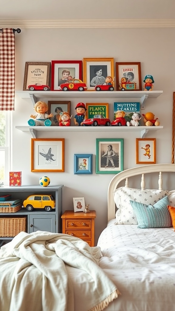 A vintage toy collection display in a children's bedroom featuring colorful toys, framed pictures, and a cozy bed.