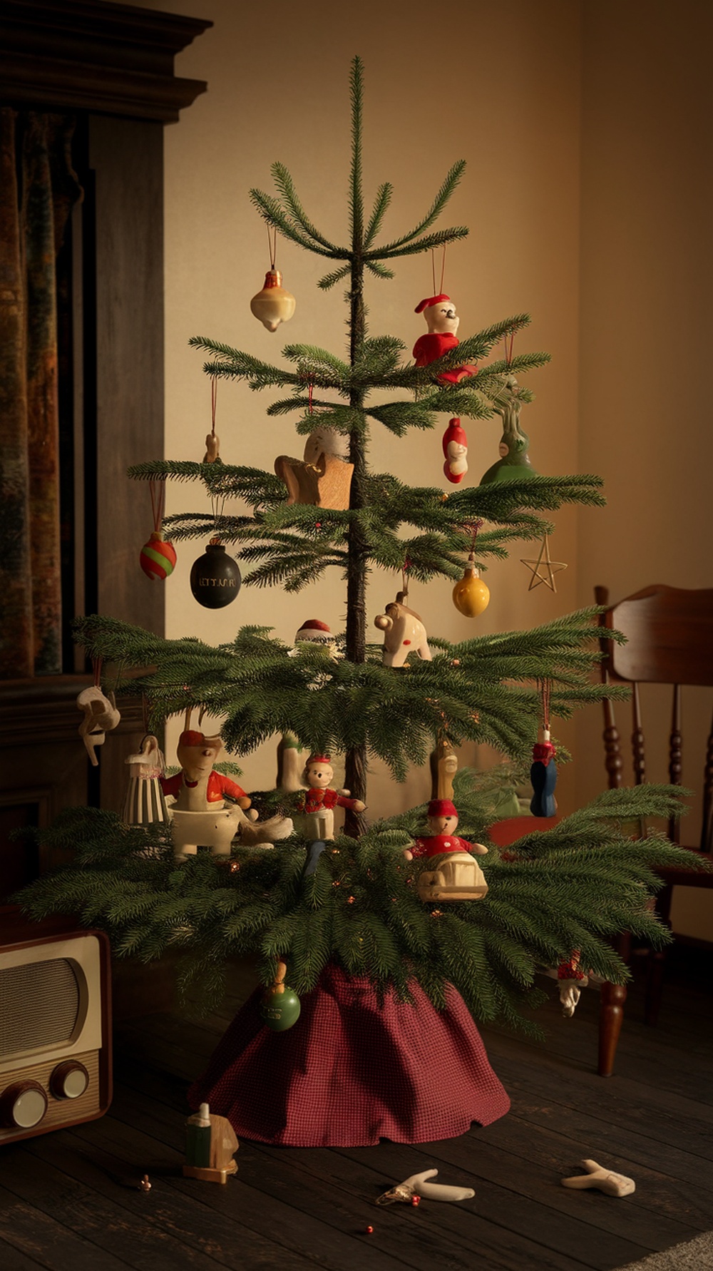 A vintage Christmas tree decorated with various toy ornaments, showcasing a nostalgic holiday decor style.