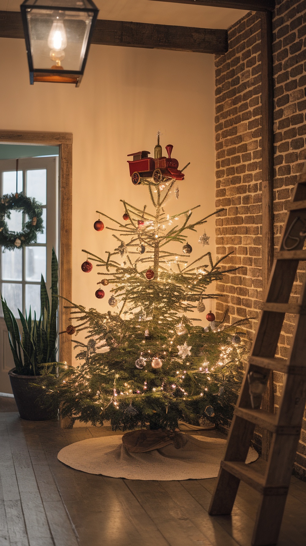 A Christmas tree topped with a vintage red toy train, decorated with ornaments and lights.