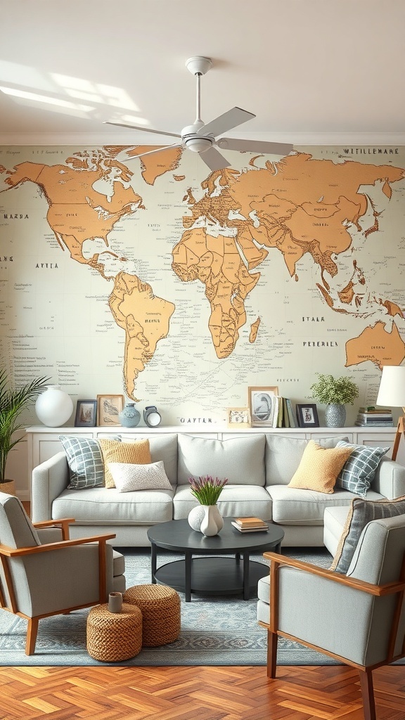 Living room with vintage travel map wallpaper, cozy furniture, and decorative accents.