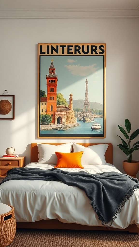 A vintage travel poster featuring the Eiffel Tower and a scenic waterfront view, framed and hung above a bed with an orange accent pillow.