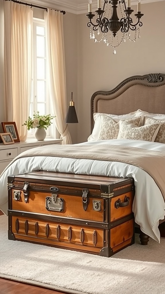 A vintage trunk at the foot of a bed in a cozy bedroom setting.
