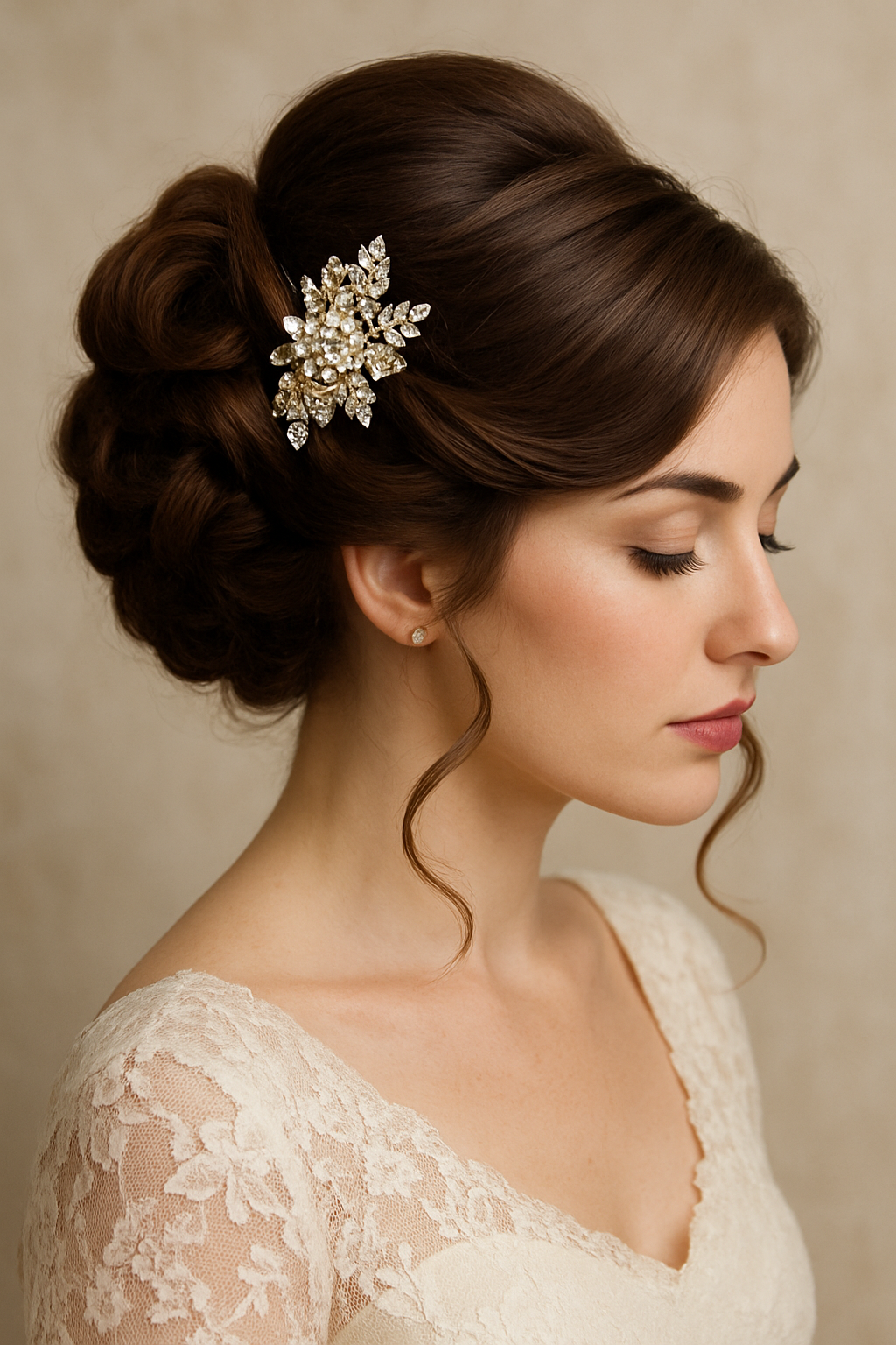 A woman with a vintage updo hairstyle adorned with a statement hairpiece, showcasing elegance and style.