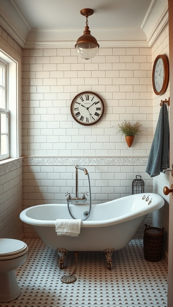A vintage-style bathroom featuring a clawfoot tub, white subway tiles, and rustic decor.