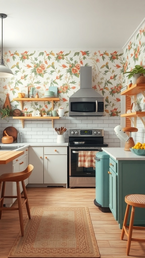 A kitchen featuring vintage floral wallpaper, modern appliances, and wooden shelves.