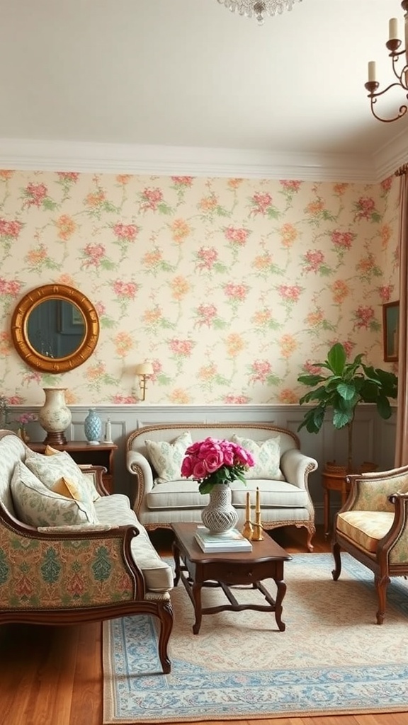 A cozy living room featuring vintage floral wallpaper, elegant furniture, and a decorative mirror.