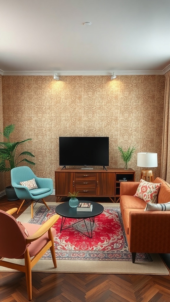 Cozy living room featuring vintage wallpaper, modern furniture, and a warm color palette.