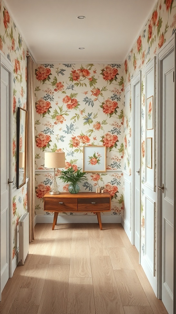 A hallway with vintage floral wallpaper, wooden flooring, and a console table with a lamp.