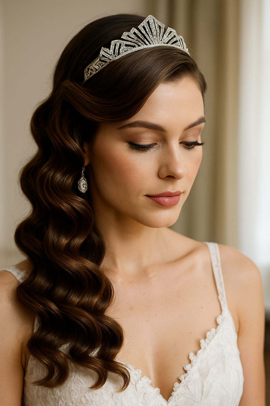 Bride with vintage waves hairstyle and Art Deco tiara