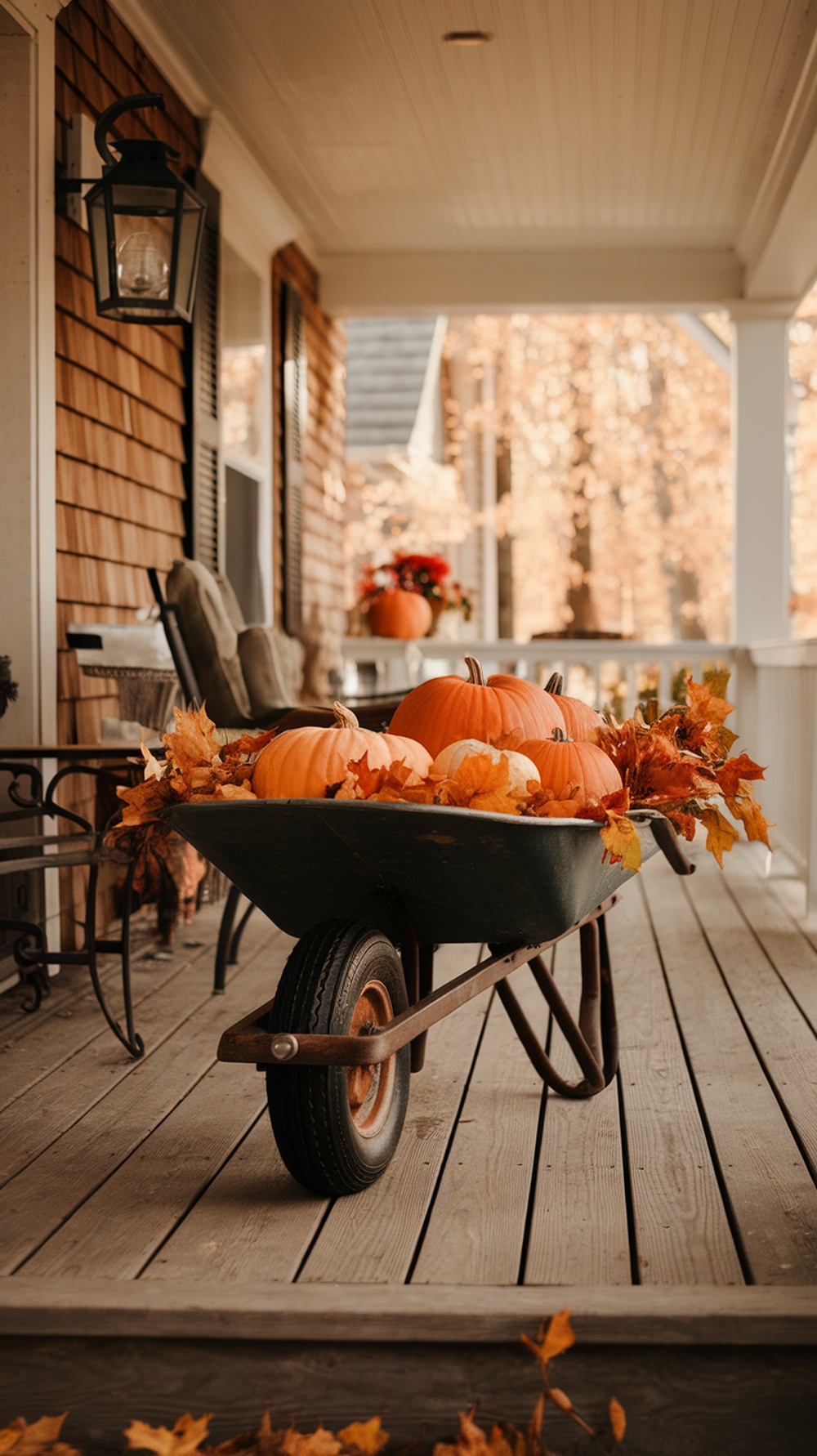 A vintage wheelbarrow filled with pumpkins and autumn leaves on a porch