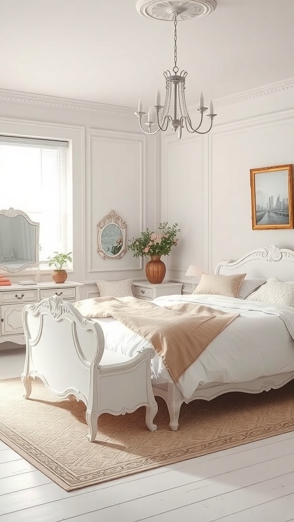 A vintage white bedroom featuring ornate furniture, soft bedding, and natural light.