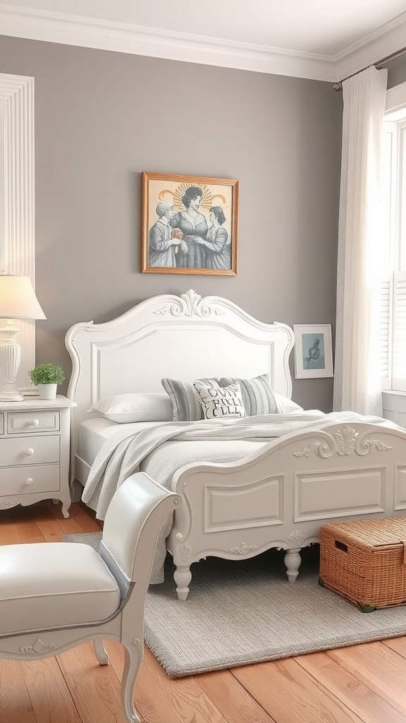 A vintage white bedroom featuring a beautifully designed bed, nightstand, and chair against a grey wall.