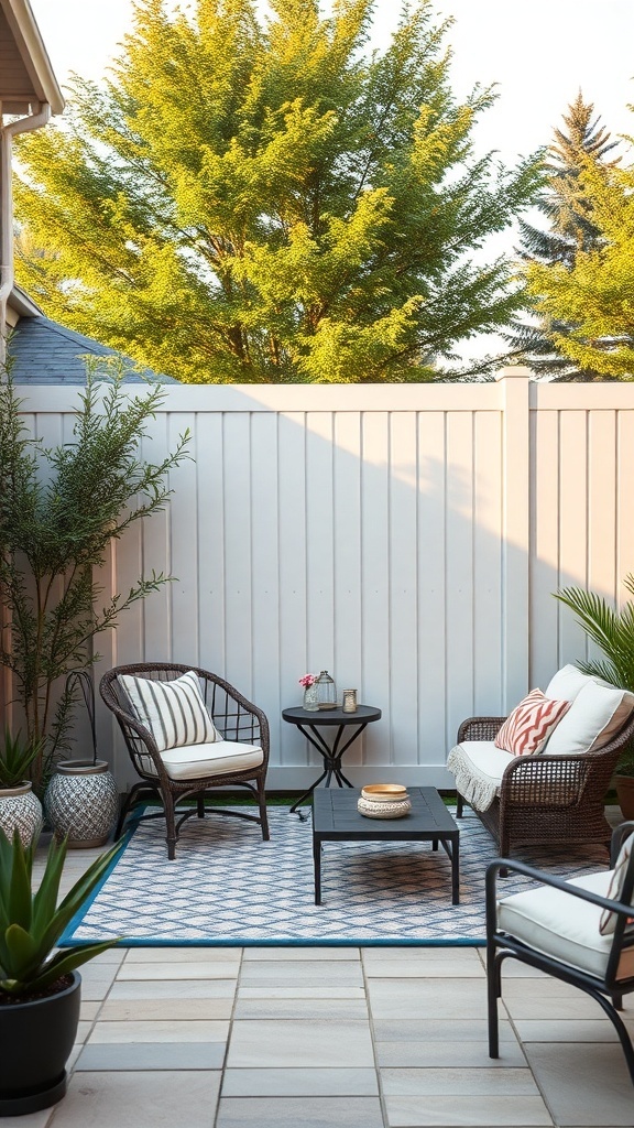 Cozy outdoor space with a vinyl privacy fence, featuring comfortable seating and decorative plants.