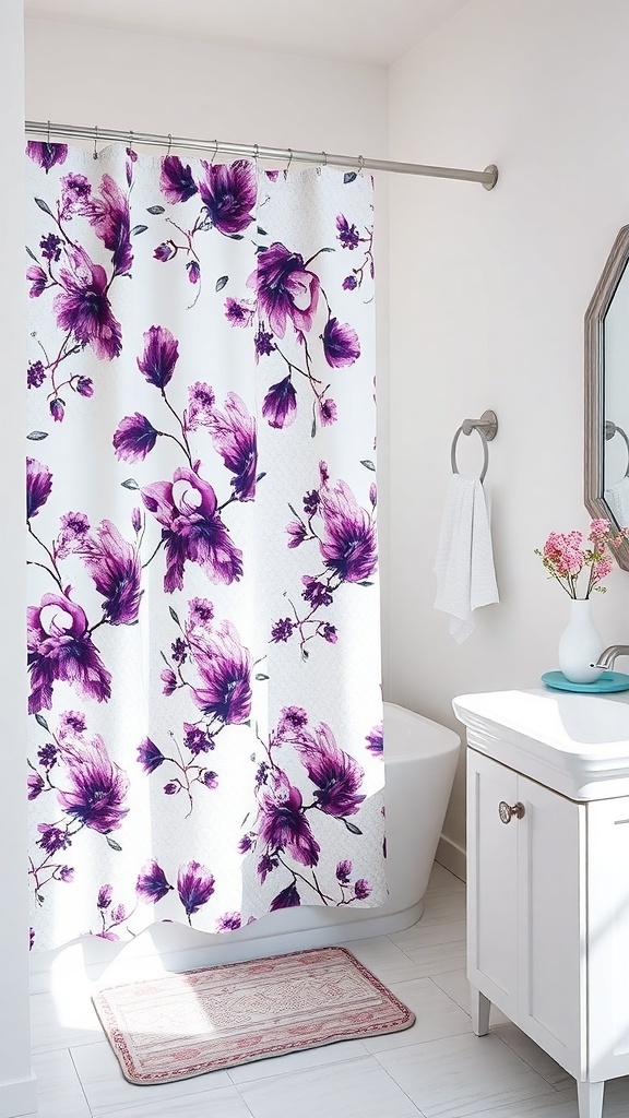 A bathroom featuring a violet floral shower curtain, white bathtub, and a white vanity.