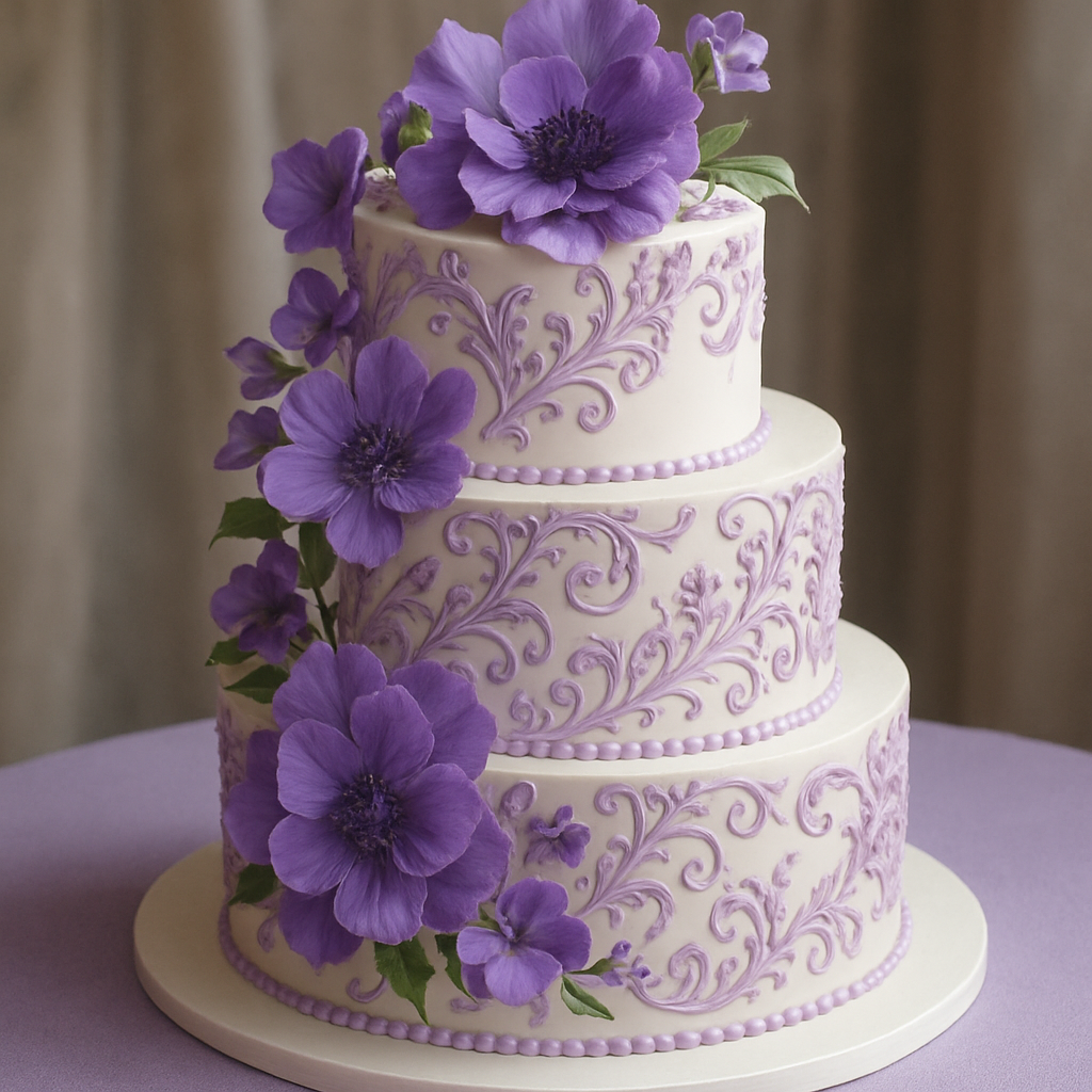Three-tiered violet wedding cake decorated with purple flowers and intricate designs.