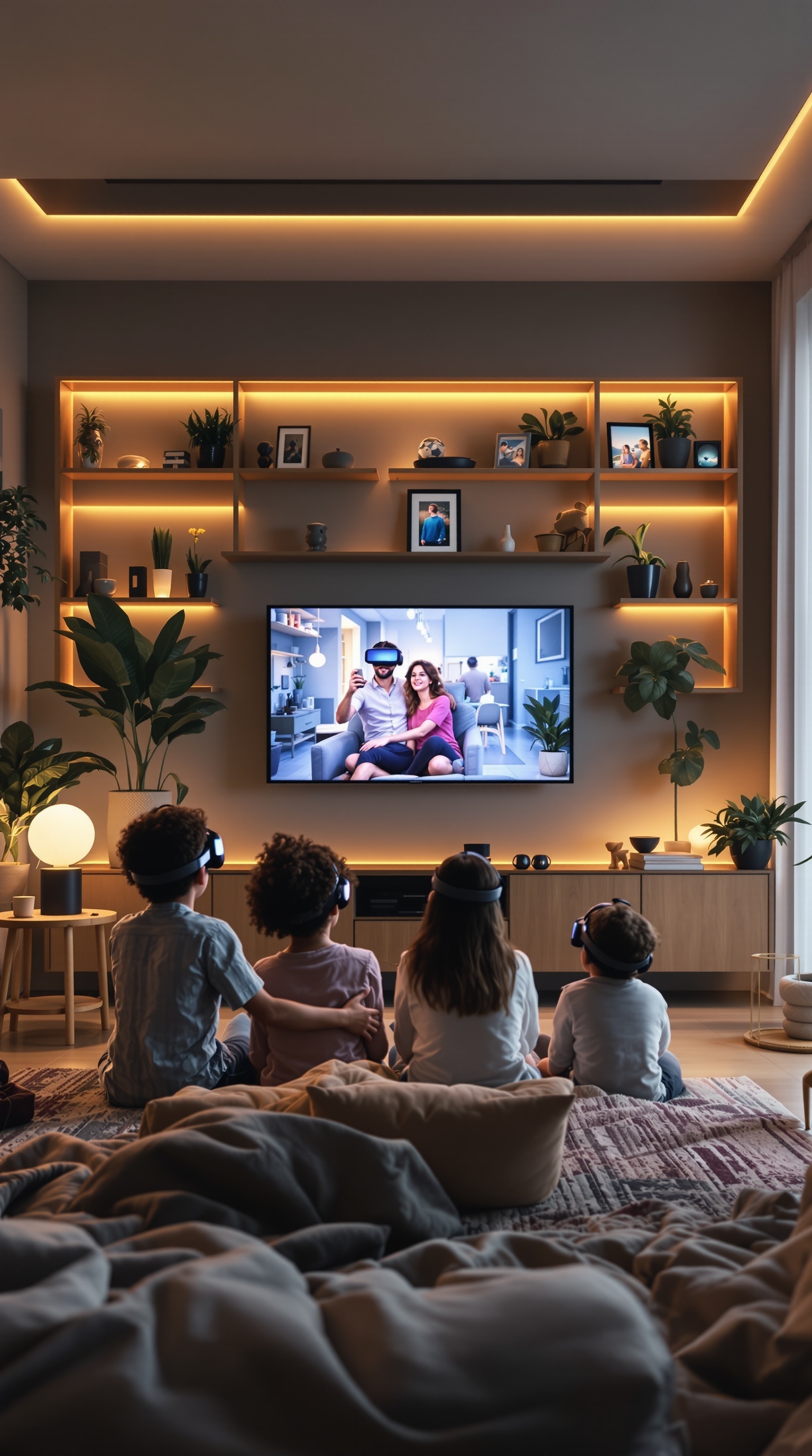 A family enjoying a virtual reality experience together in a cozy game room.