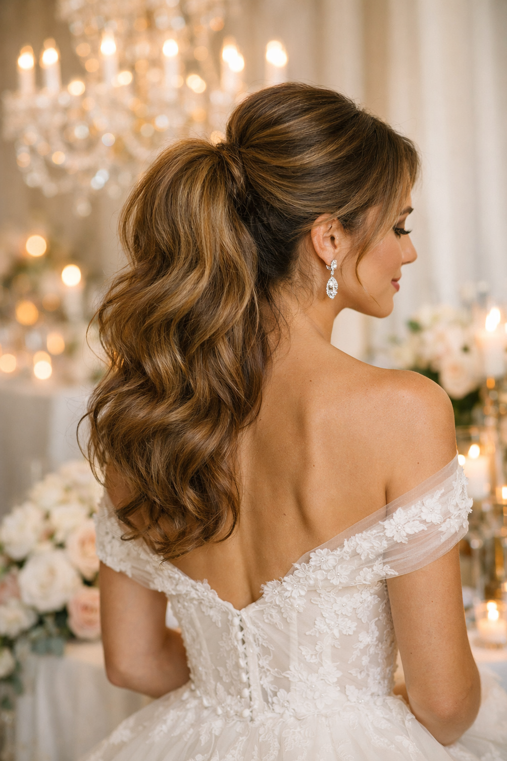 A woman showcasing a voluminous ponytail hairstyle with a textured bump, dressed elegantly for a wedding.