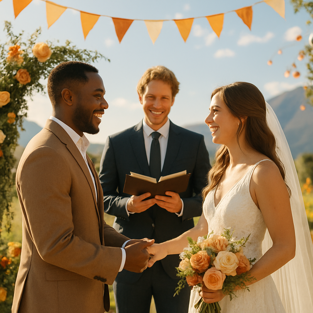 A couple smiling at each other during a vow renewal ceremony, with an officiant and floral decorations in the background.