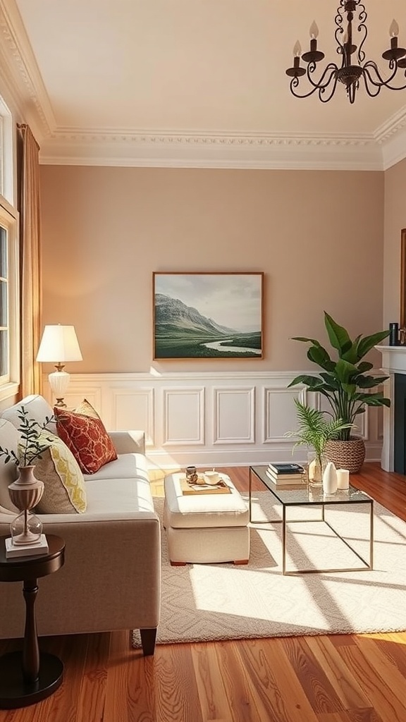 A cozy living room featuring elegant wainscoting, warm wall colors, and stylish decor.