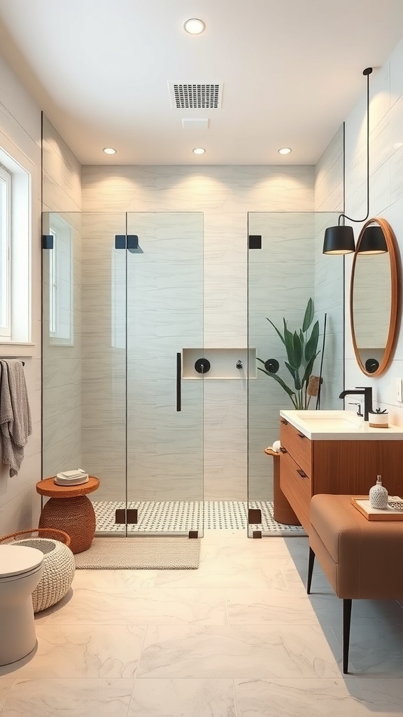 Modern walk-in shower design in a luxury master bathroom with glass panels, natural materials, and stylish fixtures.