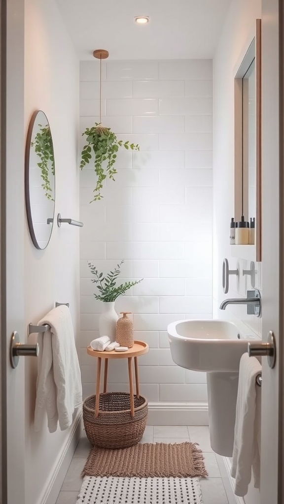 A narrow bathroom featuring wall-mounted accessories, a round mirror, and a hanging plant for a touch of greenery.