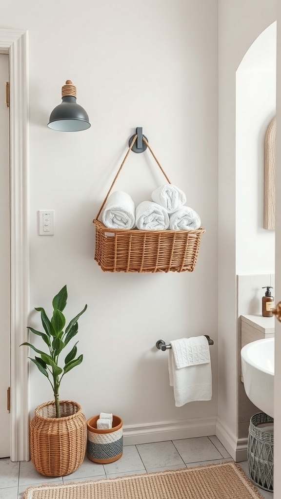 Wall-mounted basket filled with rolled towels in a modern bathroom setting