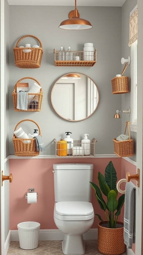 A small bathroom featuring wall-mounted baskets for storage, with a mirror and a plant.