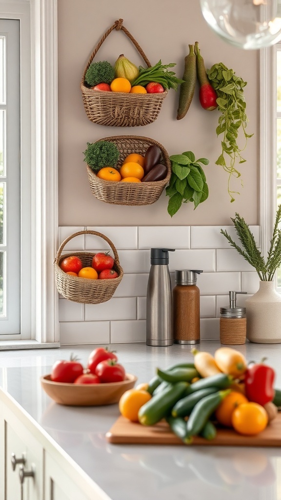 Wall-mounted baskets filled with fruits and vegetables in a kitchen setting