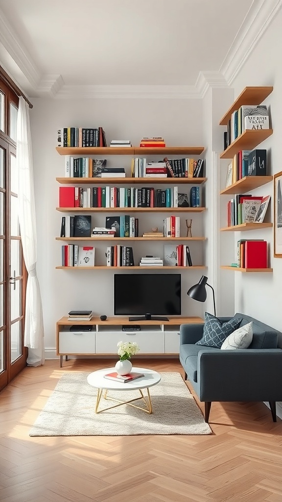 A cozy living room featuring wall-mounted bookshelves filled with books and decorative items, a modern TV stand, and a comfortable couch.