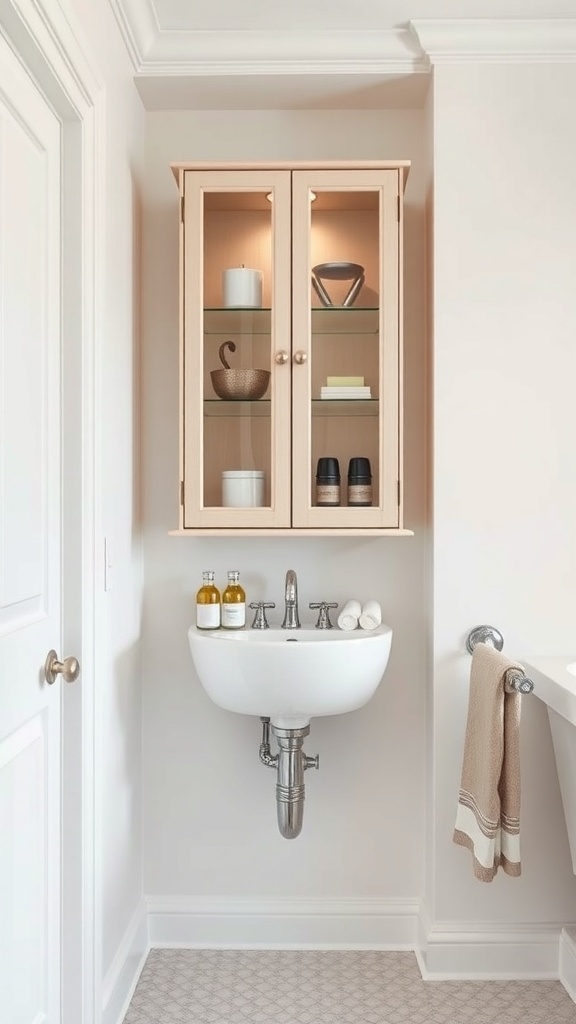 A small bathroom featuring a wall-mounted cabinet above a sink, showcasing organized items and a light wood finish.