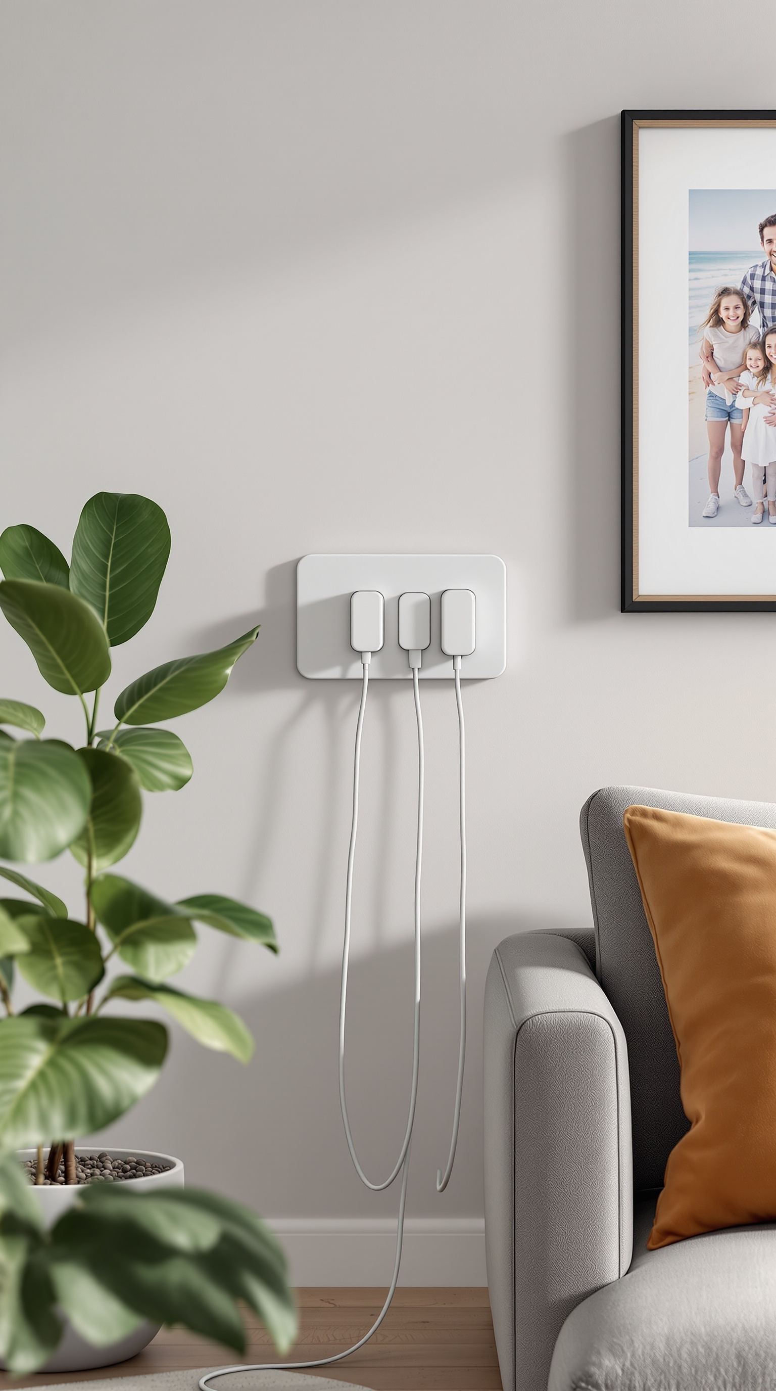 A wall-mounted charging station with three ports, next to a plant and a couch.