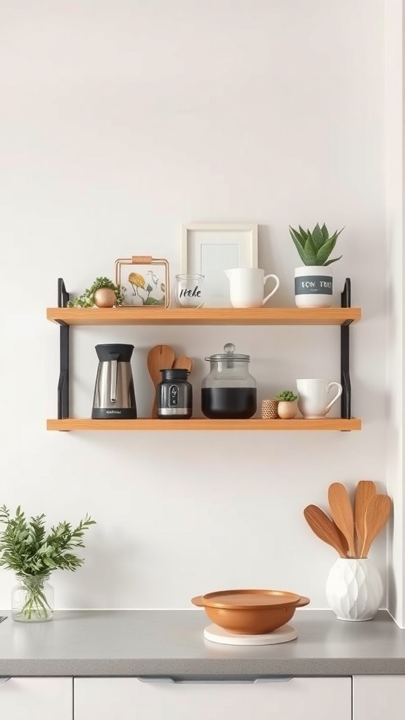 A stylish wall-mounted coffee shelf displaying a coffee maker, kettle, mugs, and decorative plants.