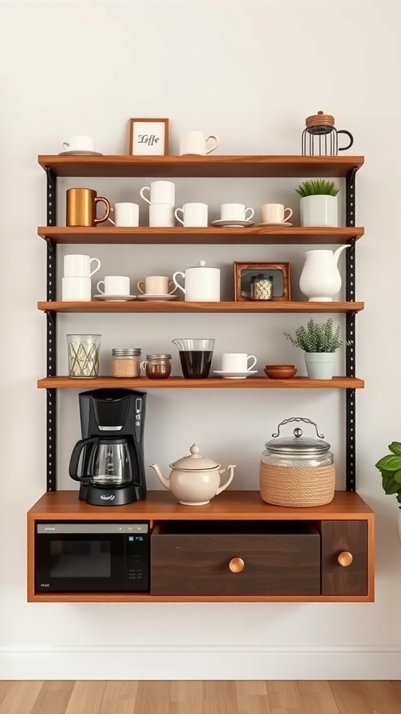 A stylish wall-mounted coffee shelf displaying mugs, a coffee maker, and decorative items.
