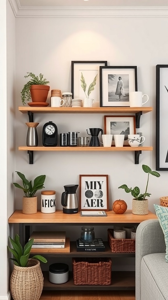 A wall-mounted coffee shelf displaying coffee essentials, decorative plants, and framed artwork.