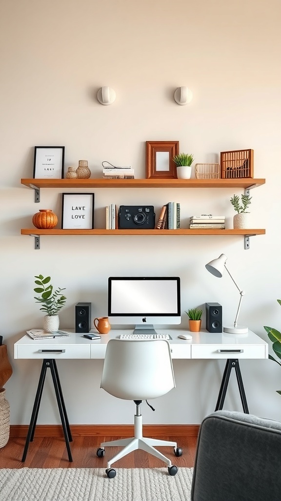 A modern home office with wall-mounted wooden shelves above a desk, featuring decorative items and a computer setup.
