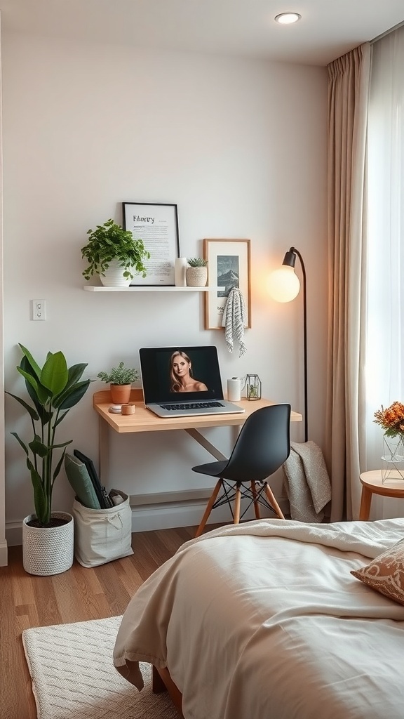 A cozy bedroom featuring a wall-mounted desk with a laptop, a chair, and decorative plants.