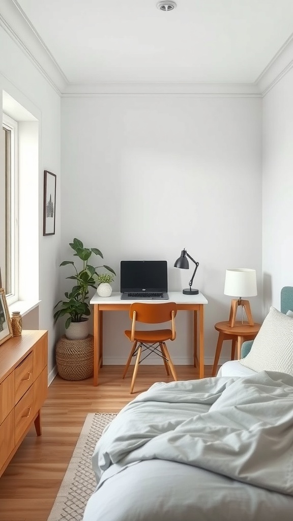 A small bedroom featuring a wall-mounted desk with a computer, lamp, and chair, alongside a plant and a dresser.