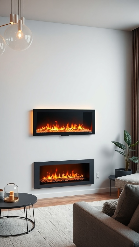 A modern living room featuring two wall-mounted electric fireplaces, one above the other, with a cozy seating area and stylish decor.