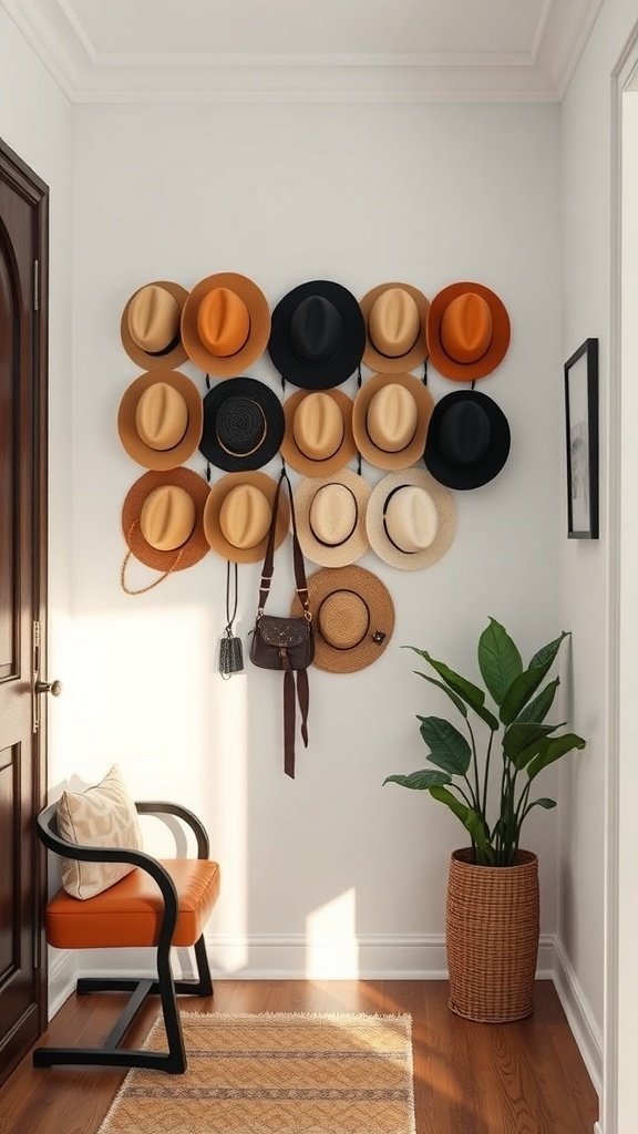 A wall-mounted hat rack displaying various hats in shades of brown and black, with a chair and plant nearby.