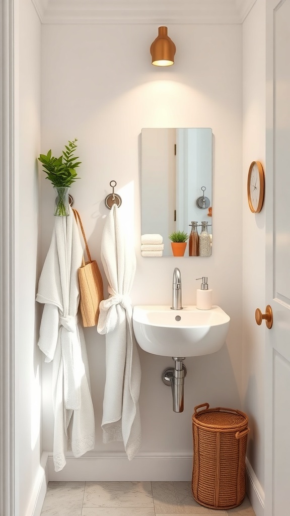 Small bathroom with wall-mounted hooks for towels and accessories
