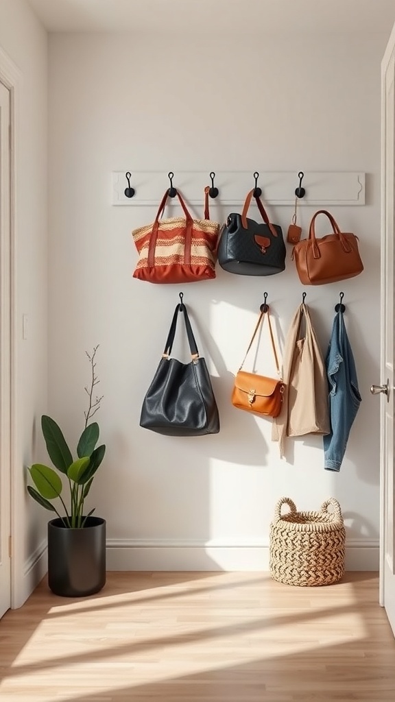 A wall-mounted hook system in an entryway displaying various bags and a plant.