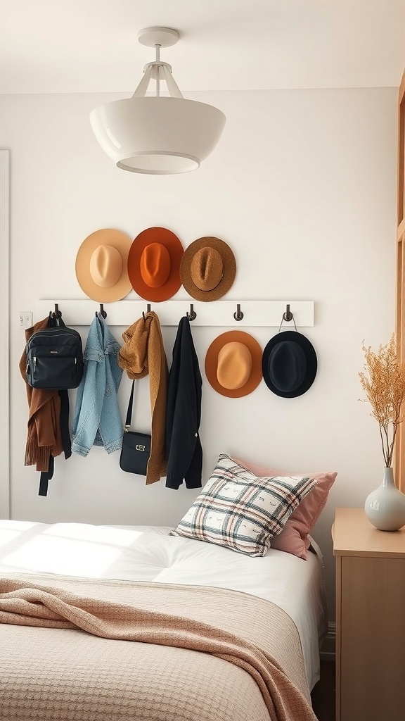 A small bedroom with wall-mounted hooks displaying hats and jackets, showcasing organized storage.