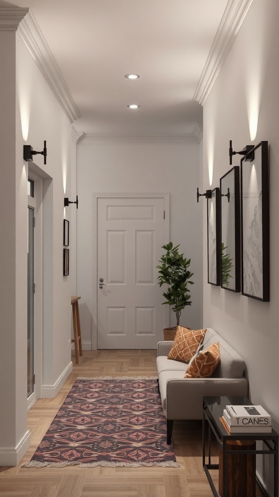 A well-lit small entryway featuring wall-mounted lighting fixtures, a sofa, and decorative elements.